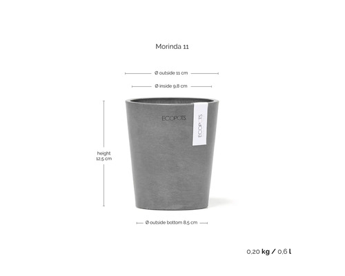 Ecopots Blumentopf Morinda 11, Höhe 12,5 Zentimeter, Aussendurchmesser 11 Zentimeter, Volumen 0,6 Liter, Gewicht 0,20 Kilogramm.