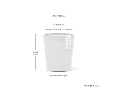 Ecopots Morinda 11 Blumentopf mit Maßen: Höhe 12,5 Zentimeter, Außendurchmesser 11 Zentimeter, Innendurchmesser 9,8 Zentimeter, Volumen 0,6 Liter.
