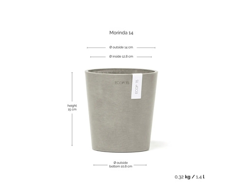 Blumentopf Ecopots Morinda 14 mit Maßen: Höhe 15 Zentimeter, Außendurchmesser 14 Zentimeter, Volumen 1,4 Liter, Ecopots Logo.
