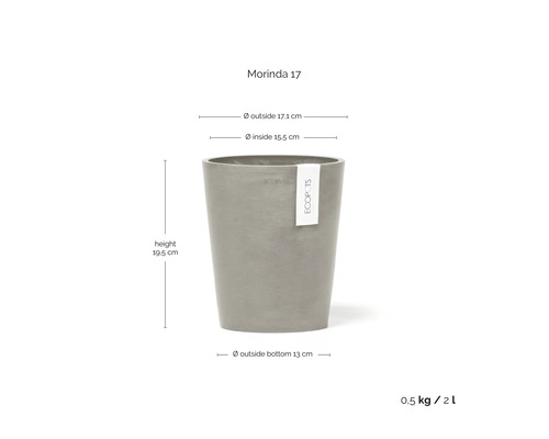Pot de fleurs Ecopots Morinda 17 en gris, hauteur 19,5 centimètres, diamètre extérieur 17,1 centimètres, volume 2 litres.