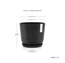 Pot Ecopots Oslo 25 avec réservoir d'eau. Hauteur 21,4 centimètres, diamètre extérieur 25 centimètres, volume 7,7 litres, poids 1,2 kilogramme.