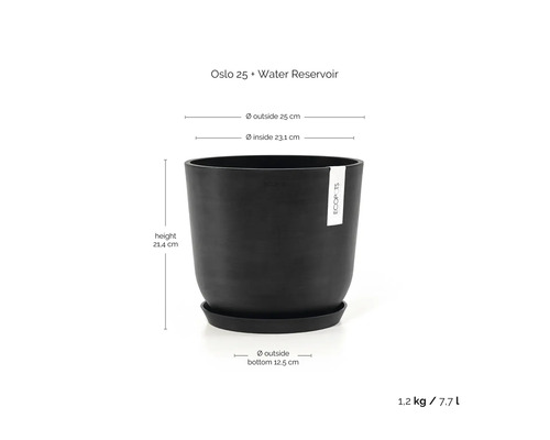 Pot Ecopots Oslo 25 avec réservoir d'eau. Hauteur 21,4 centimètres, diamètre extérieur 25 centimètres, volume 7,7 litres, poids 1,2 kilogramme.