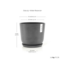 Pot de fleurs rond Ecopots Oslo 25 avec réservoir d'eau, diamètre 25 centimètres, hauteur 21,4 centimètres, contenance 7,7 litres, gris.