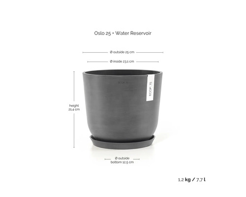 Pot de fleurs rond Ecopots Oslo 25 avec réservoir d'eau, diamètre 25 centimètres, hauteur 21,4 centimètres, contenance 7,7 litres, gris.
