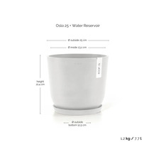 Pot de fleurs Ecopots Oslo 25 gris avec réservoir d'eau, diamètre 25 centimètres, hauteur 21,4 centimètres, poids 1,2 kilogramme, volume 7,7 litres.