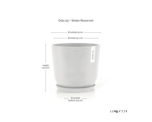 Pot de fleurs Ecopots Oslo 25 gris avec réservoir d'eau, diamètre 25 centimètres, hauteur 21,4 centimètres, poids 1,2 kilogramme, volume 7,7 litres.
