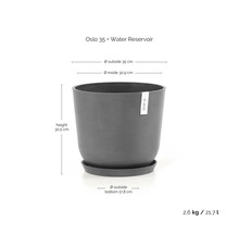 Pot Ecopots Oslo 35 avec réservoir d'eau. Diamètre haut 35 centimètres, intérieur 32,9 centimètres, hauteur 30,5 centimètres, volume 21,7 litres.