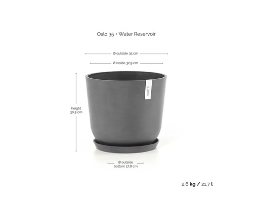Pot Ecopots Oslo 35 avec réservoir d'eau. Diamètre haut 35 centimètres, intérieur 32,9 centimètres, hauteur 30,5 centimètres, volume 21,7 litres.