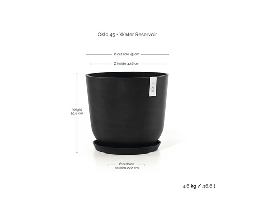 Schwarzer Ecopots Oslo 45 Blumentopf mit Wasserspeicher, Höhe 39,4 Zentimeter, Außendurchmesser 45 Zentimeter, Volumen 46,6 Liter.