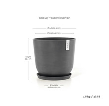Ecopots Pflanzkübel Oslo 45 mit Wasserspeicher, Durchmesser 45 Zentimeter, Höhe 39,4 Zentimeter, Volumen 46,6 Liter.