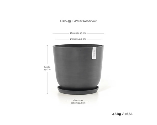 Ecopots Pflanzkübel Oslo 45 mit Wasserspeicher, Durchmesser 45 Zentimeter, Höhe 39,4 Zentimeter, Volumen 46,6 Liter.