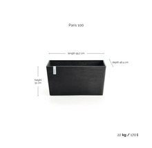 Jardinière rectangulaire Paris 100 noire, longueur 99,7 centimètres, hauteur 51 centimètres, profondeur 46,4 centimètres, volume 170 litres.