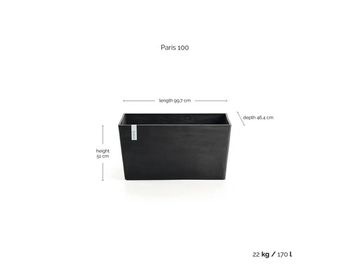 Jardinière rectangulaire Paris 100 noire, longueur 99,7 centimètres, hauteur 51 centimètres, profondeur 46,4 centimètres, volume 170 litres.