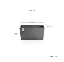 Dunkelgrauer Ecopots Pflanzkübel Paris 100: Länge 99,7 Zentimeter, Höhe 51 Zentimeter, Tiefe 46,4 Zentimeter, 170 Liter, 22 Kilogramm.