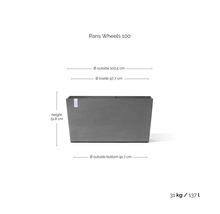 Rechteckiger Pflanzkübel Paris Wheels 100 mit Maßen: Höhe 51,8 Zentimeter, Außenbreite 100,5 Zentimeter und Volumen 137 Liter.