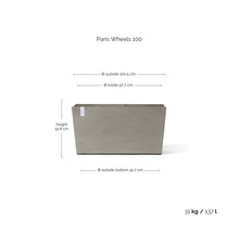 Rechteckiger Pflanztrog Paris Wheels 100 in Beton-Optik mit Maßangaben Breite 100,5 Zentimeter, Höhe 51,8 Zentimeter, Volumen 137 Liter.