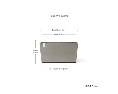 Rechteckiger Pflanztrog Paris Wheels 100 in Beton-Optik mit Maßangaben Breite 100,5 Zentimeter, Höhe 51,8 Zentimeter, Volumen 137 Liter.
