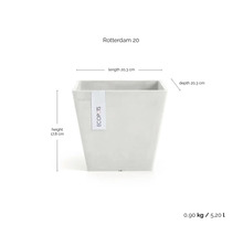 Pot de fleurs carré Ecopots Rotterdam 20, longueur 20,3 centimètres, profondeur 20,3 centimètres, hauteur 17,8 centimètres, volume 5,2 litres.