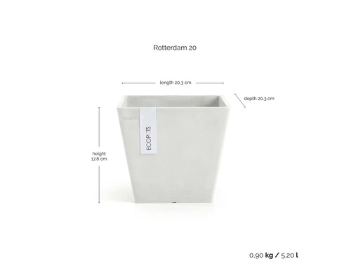 Pot de fleurs carré Ecopots Rotterdam 20, longueur 20,3 centimètres, profondeur 20,3 centimètres, hauteur 17,8 centimètres, volume 5,2 litres.
