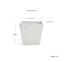 Pot de fleurs carré Ecopots Rotterdam 30 : hauteur 26,4 centimètres, longueur 29,5 centimètres, profondeur 29,5 centimètres, 17 litres.