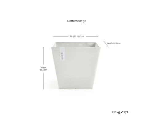 Pot de fleurs carré Ecopots Rotterdam 30 : hauteur 26,4 centimètres, longueur 29,5 centimètres, profondeur 29,5 centimètres, 17 litres.