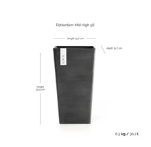 Ecopots Rotterdam Mid High 56 Pflanzkübel: Höhe 56,5 Zentimeter, Länge 32,7 Zentimeter, Tiefe 32,7 Zentimeter, Volumen 36,2 Liter.