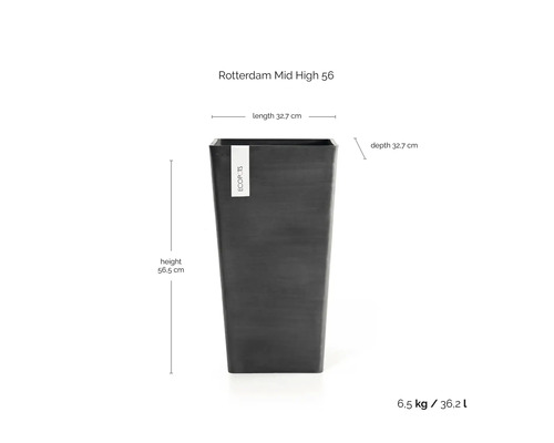 Ecopots Rotterdam Mid High 56 Pflanzkübel: Höhe 56,5 Zentimeter, Länge 32,7 Zentimeter, Tiefe 32,7 Zentimeter, Volumen 36,2 Liter.