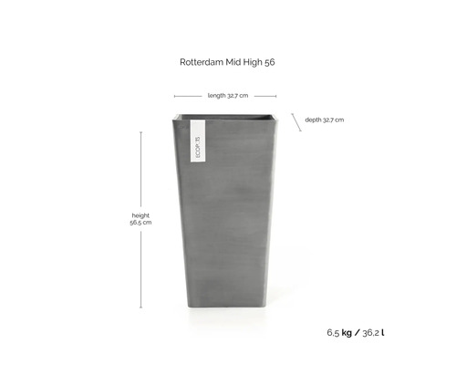 Graues Pflanzgefäß Ecopots Rotterdam Mid High 56 mit Maßen: Höhe 56,5 Zentimeter, Länge 32,7 Zentimeter und Tiefe 32,7 Zentimeter.