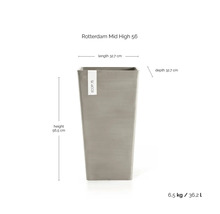 Jardinière Ecopots Rotterdam Mid High 56 : hauteur 56,5 centimètres, longueur 32,7 centimètres, profondeur 32,7 centimètres, volume 36,2 litres.