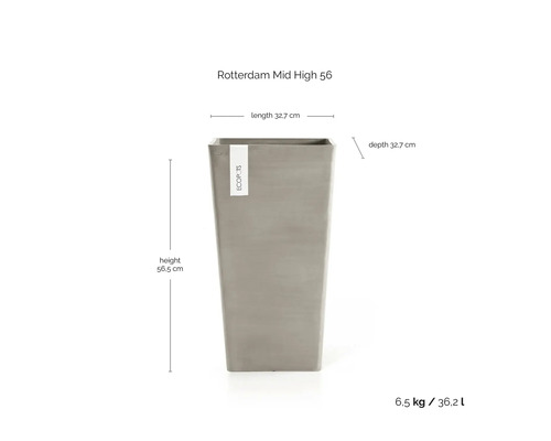 Jardinière Ecopots Rotterdam Mid High 56 : hauteur 56,5 centimètres, longueur 32,7 centimètres, profondeur 32,7 centimètres, volume 36,2 litres.