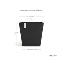 Quadratischer Pflanzkübel Ecopots Rotterdam 35 mit Wasserreservoir, Höhe 34.4 Zentimeter, Breite 35 Zentimeter, Volumen 30 Liter.