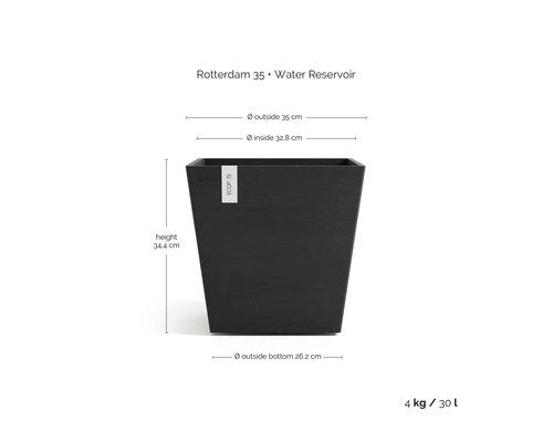 Quadratischer Pflanzkübel Ecopots Rotterdam 35 mit Wasserreservoir, Höhe 34.4 Zentimeter, Breite 35 Zentimeter, Volumen 30 Liter.