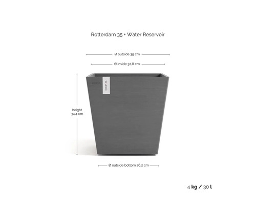 Ecopots Rotterdam 35 quadratischer Blumentopf mit Wasserspeicher, Höhe 34,4 Zentimeter, Breite 35 Zentimeter, Volumen 30 Liter, dunkelgrau.