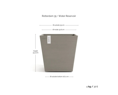 Pot de fleurs carré Rotterdam 35 avec réservoir d'eau, hauteur 34,4 centimètres, diamètre extérieur 35 centimètres, volume 30 litres.
