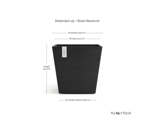 Quadratischer Blumentopf Ecopots Rotterdam 45 mit Wasserreservoir, Höhe 44,4 Zentimeter, Außendurchmesser 43,6 Zentimeter, Volumen 63,5 Liter.