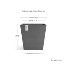 ECOPOTS Rotterdam 45 quadratischer grauer Blumentopf, Wasserspeicher, Höhe 44,4 Zentimeter, Durchmesser 43,6 Zentimeter, 8,5 Kilogramm, 63,5 Liter.