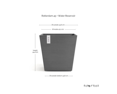 ECOPOTS Rotterdam 45 quadratischer grauer Blumentopf, Wasserspeicher, Höhe 44,4 Zentimeter, Durchmesser 43,6 Zentimeter, 8,5 Kilogramm, 63,5 Liter.
