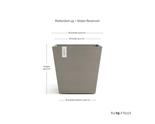 Pot de fleurs Ecopots Rotterdam 45 avec réservoir d'eau, hauteur 44,4 centimètres, largeur 43,6 centimètres, poids 8,5 kilogrammes, 63,5 litres.