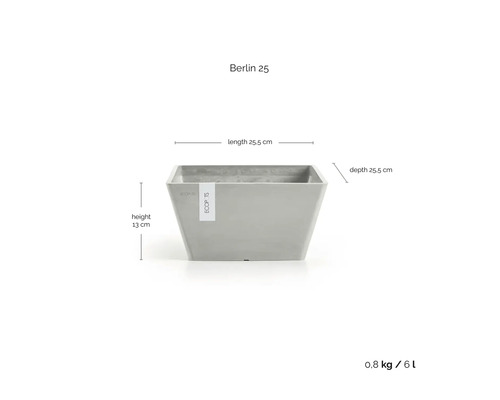 Pflanzkübel Berlin 25: Länge 25,5 Zentimeter, Tiefe 25,5 Zentimeter, Höhe 13 Zentimeter, 0,8 Kilogramm, 6 Liter.