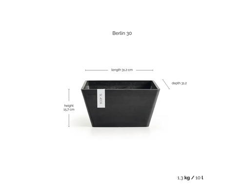Pot de fleurs carré noir Ecopots Berlin 30, longueur 31,2 centimètres, profondeur 31,2 centimètres, hauteur 15,7 centimètres, volume 10 litres.