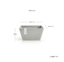 Ecopots Berlin 40 Pflanzkasten, Länge 41 Zentimeter, Tiefe 41 Zentimeter, Höhe 18 Zentimeter, Volumen 21 Liter, Gewicht 1,9 Kilogramm.