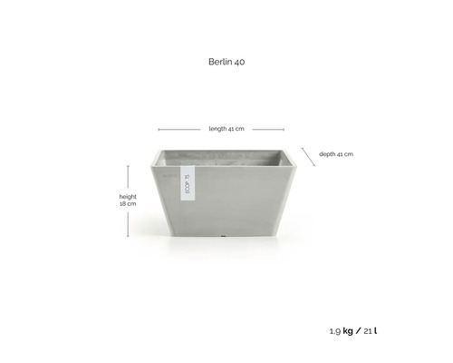 Ecopots Berlin 40 Pflanzkasten, Länge 41 Zentimeter, Tiefe 41 Zentimeter, Höhe 18 Zentimeter, Volumen 21 Liter, Gewicht 1,9 Kilogramm.