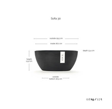 Ecopots Pflanzenschale Sofia 30 mit Maßen: Höhe 13,5 Zentimeter, Breite 29,5 Zentimeter, Tiefe 13,4 Zentimeter und Volumen 2,7 Liter.