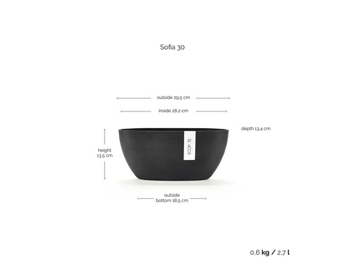 Ecopots Pflanzenschale Sofia 30 mit Maßen: Höhe 13,5 Zentimeter, Breite 29,5 Zentimeter, Tiefe 13,4 Zentimeter und Volumen 2,7 Liter.