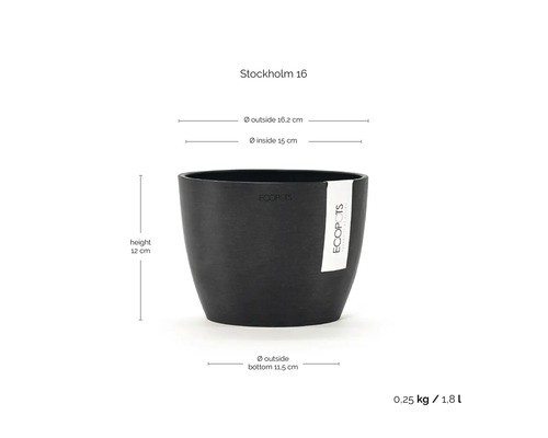 Pot de fleurs noir Ecopots Stockholm 16 avec dimensions hauteur 12 centimètres diamètre extérieur 16,2 centimètres volume 1,8 litre