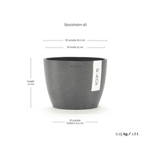 Ecopots Stockholm 16 Blumentopf mit Maßen: Höhe 12 Zentimeter, Außendurchmesser 16,2 Zentimeter, Innendurchmesser 15 Zentimeter, Volumen 1,8 Liter.