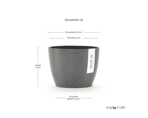 Ecopots Stockholm 16 Blumentopf mit Maßen: Höhe 12 Zentimeter, Außendurchmesser 16,2 Zentimeter, Innendurchmesser 15 Zentimeter, Volumen 1,8 Liter.