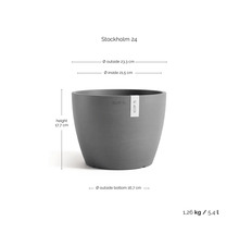 Pot de fleurs gris Ecopots Stockholm 24, dimensions: hauteur 17,7 centimètres, diamètre extérieur 23,3 centimètres, volume 5,4 litres.