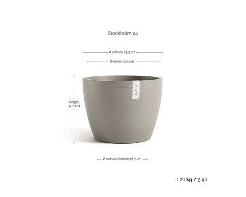 Pot de fleurs Ecopots Stockholm 24, hauteur 17,7 centimètres, diamètre extérieur 23,3 centimètres, 5,4 litres, 1,26 kilogramme, Ecopots Logo.