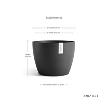 Ecopots Stockholm 31 Pflanzgefäß: Höhe 23,5 Zentimeter, Außendurchmesser 31 Zentimeter, Volumen 12,9 Liter, Gewicht 2 Kilogramm.